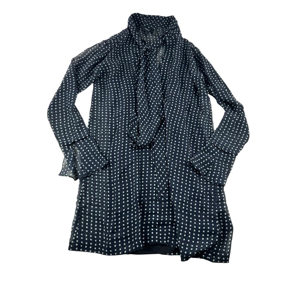 Theory Silk Scarf Dress 2 Square Print Deep Navy Long Sleeve Neck Tie Chiffon